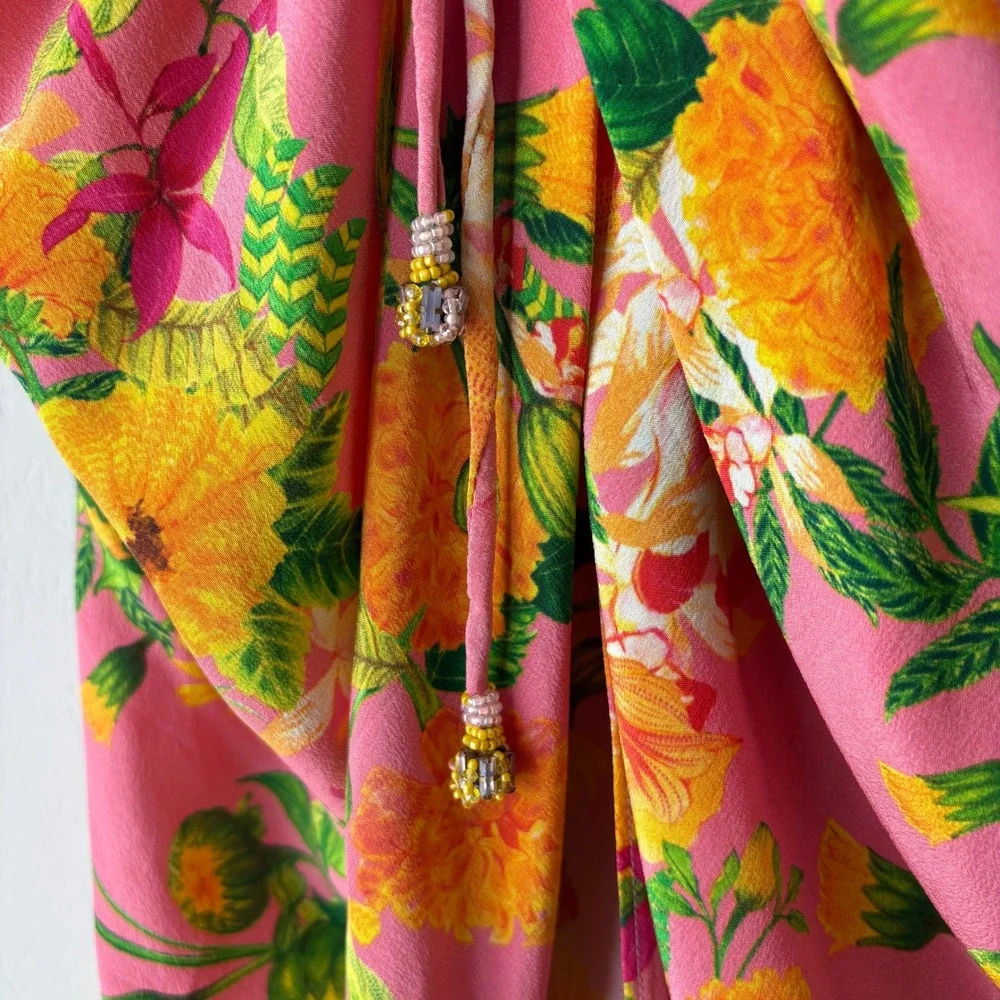 La Fuori Skirt Pink Floral Print Silk Maxi Skirt w Drawstring‎ Ruched